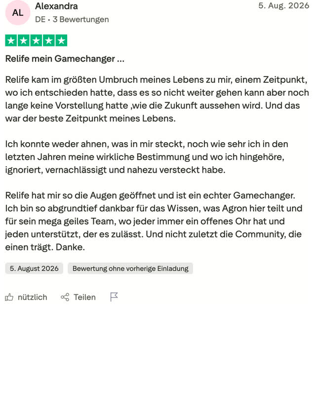 Alexandra, fünf Sterne: RELIFE kam im größten Umbruch ihres Lebens zu ihr.