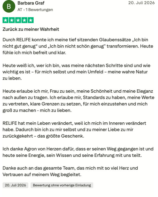 Barbara Graf, fünf Sterne: Sie beschreibt, wie sie die Glaubenssätze nicht gut genug und nicht schön genug zu sein verändert hat.
