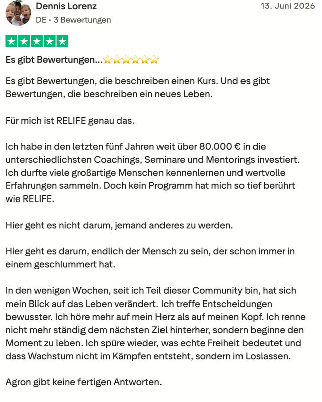 Dennis Lorenz, fünf Sterne: Er hat in fünf Jahren über 80.000 Euro in andere Coachings und Mentorings gesteckt und beschreibt, warum RELIFE für ihn anders war.
