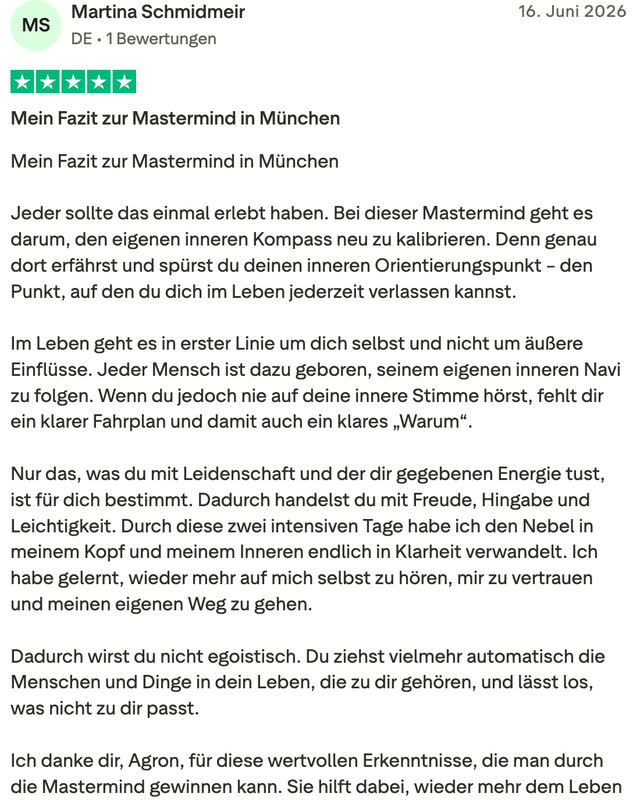 Martina Schmidmeir, fünf Sterne: Ihr Fazit zur Mastermind in München — den eigenen inneren Kompass neu kalibrieren.