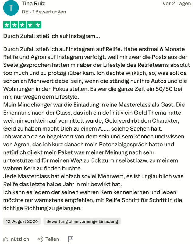 Tina Ruiz, fünf Sterne: Sie hat RELIFE sechs Monate auf Instagram beobachtet, weil ihr der Lifestyle des Teams zu protzig vorkam, und ist nach einer Masterclass als Gast eingestiegen.